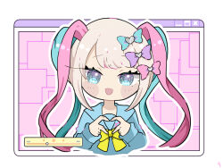 Rule 34 | 1girl, absurdres, blonde hair, blue bow, blue eyes, blue hair, blue sailor collar, blue shirt, blush, bow, chouzetsusaikawa tenshi-chan, hair bow, heart, heart hands, highres, long hair, long sleeves, looking at viewer, multicolored hair, multiple hair bows, needy girl overdose, open mouth, pink bow, pink hair, purple bow, quad tails, sailor collar, shirt, smile, solo, tochisa (tochisa513), twintails, upper body, window (computing), yellow bow