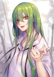 Rule 34 | 1other, androgynous, blue eyes, blurry, blurry background, collar, collarbone, enkidu (fate), fate/grand order, fate (series), green hair, hair between eyes, hand up, highres, lips, long hair, looking at viewer, open mouth, re (re 09), red ribbon, ribbon, robe, shiny skin, sidelocks, solo, teeth, toga, tongue, tree, very long hair, white robe