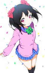 Rule 34 | 10s, 1girl, bad id, bad pixiv id, black hair, blue skirt, blush, bow, eyebrows, female focus, hair bow, highres, icehotmilktea, looking at viewer, love live!, love live! school idol project, plaid, plaid skirt, red bow, red eyes, school uniform, short hair, skirt, socks, solo, twintails, uniform, white background, yazawa nico
