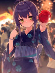 Rule 34 | 1girl, ahoge, blurry, blurry background, blush, bracelet, candy apple, closed mouth, commentary request, crowd, depth of field, floral print, food, hair between eyes, hana mori, highres, holding, holding food, japanese clothes, jewelry, kimono, long hair, long sleeves, looking at viewer, night, obi, original, outdoors, outstretched arm, people, print kimono, purple kimono, sash, sidelocks, solo focus, wide sleeves, yellow eyes