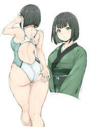 Rule 34 | 1girl, absurdres, adjusting clothes, adjusting swimsuit, alp, ass, back, black hair, bob cut, breasts, competition swimsuit, criss-cross back-straps, cropped torso, full body, green eyes, green kimono, highres, japanese clothes, kimono, large breasts, looking at viewer, multiple views, obi, one-piece swimsuit, original, parted lips, sash, short hair, shoulder blades, simple background, skindentation, swimsuit, white background, wide hips