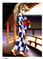Rule 34 | 1990s (style), blonde hair, blue eyes, geta, hand fan, highres, japanese clothes, kawarajima kou, kimono, kinchaku, long hair, ponytail, pouch, retro artstyle, ribbon, yukata