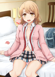Rule 34 | 10s, 1girl, :d, absurdres, arm support, bag, bed, blush, breasts, brown eyes, brown hair, cardigan, condom, dress shirt, highres, inanaki shiki, isshiki iroha, kneehighs, looking at viewer, on bed, open cardigan, open clothes, open mouth, panties, pantyshot, plaid, plaid skirt, ribbon, school bag, school uniform, shirt, short hair, sitting, skirt, smile, socks, solo, unbuttoned, unbuttoned shirt, underwear, untied, yahari ore no seishun lovecome wa machigatteiru.