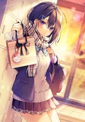 Rule 34 | 1girl, bag, blue jacket, blue skirt, blush, cardigan, commentary, cowboy shot, dutch angle, english text, getabako, giving, highres, holding, holding bag, indoors, jacket, locker, looking at viewer, miniskirt, open clothes, open jacket, orange sky, original, oshioshio, pleated skirt, scarf, school, school bag, short hair, signature, skirt, sky, solo, sunset, thighs