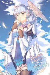 Rule 34 | 1girl, braid, breasts, cat with a brush, cloud, cloudy sky, cowboy shot, crown braid, day, from below, hand on own chest, head wings, highres, juliet sleeves, long sleeves, medium breasts, melia antiqua, o-ring, outdoors, puffy sleeves, short shorts, shorts, silver hair, sky, solo, thighhighs, wings, xenoblade chronicles: future connected, xenoblade chronicles (series), xenoblade chronicles 1