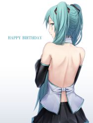 Rule 34 | 1girl, aqua eyes, aqua hair, back, back focus, bare back, bare shoulders, detached sleeves, facial tattoo, from behind, gradient background, happy birthday, hatsune miku, highres, long hair, skirt, solo, sugi 214, tattoo, twintails, very long hair, vocaloid