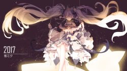 Rule 34 | 1girl, 2017, absurdres, bow, breasts, character name, collarbone, detached sleeves, dress, closed eyes, frills, full body, glowing, hair bow, hair ornament, hatsune miku, highres, long hair, long sleeves, night, pale skin, ribbon, sitting, solo, star (symbol), swing, text focus, twintails, very long hair, vocaloid, wide sleeves, xinshijie de akalin, yuki miku