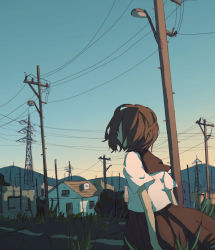 Rule 34 | 1girl, bad id, bad pixiv id, brown eyes, brown hair, building, from side, grass, hanno, house, lamppost, mountain, original, power lines, profile, road, school uniform, serafuku, short hair, skirt, sky, solo, town, utility pole, wind