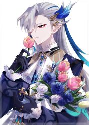 Rule 34 | 1boy, ascot, asymmetrical bangs, blue coat, blue eyeliner, blue flower, blue gemstone, blue gloves, blue hair, blue rose, border, bouquet, brooch, closed mouth, coat, commentary request, ego (ego inp), eyeliner, flower, frilled sleeves, frills, gem, genshin impact, gloves, hair between eyes, hair ornament, hand up, highres, holding, holding bouquet, holding flower, jewelry, long hair, long sleeves, looking down, makeup, male focus, multicolored hair, neuvillette (genshin impact), parted bangs, pink flower, pointy ears, purple eyes, rainbow rose (genshin impact), rose, simple background, sleeve cuffs, smelling flower, smile, solo, streaked hair, transparent border, upper body, white ascot, white background, white flower, white hair, white rose