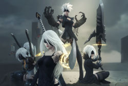 Rule 34 | 4girls, artist request, black gloves, black legwear, blindfold, character request, elbow gloves, feather-trimmed sleeves, gloves, long hair, multiple girls, nier, nier (series), nier:automata, open mouth, parted lips, ponytail, silver hair, smile, sword, teeth, thighhighs, weapon, a2 (nier:automata)