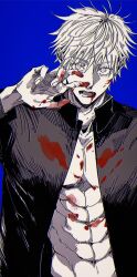 Rule 34 | 1boy, abs, blood, blood from mouth, blood on clothes, blood on hands, blue background, commentary, fingernails, gakuran, gojou satoru, hand up, highres, jujutsu kaisen, looking at viewer, male focus, namida a2, open clothes, open mouth, school uniform, short hair, solo