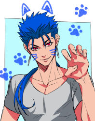 Rule 34 | 1boy, bad id, bad pixiv id, cu chulainn (fate), fate/stay night, fate (series), cu chulainn (fate/stay night), long hair, male focus, mayuki (ubiquitous), paw pose, paw print, ponytail, red eyes, solo, whiskers