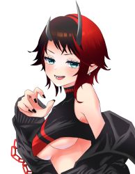 Rule 34 | 1girl, black hair, black jacket, black nails, black sports bra, blue eyes, blush, breasts, commentary request, demon girl, demon horns, earrings, highres, horns, jacket, jewelry, long sleeves, looking at viewer, medium breasts, multicolored hair, nail polish, nanashi inc., nao (srrtwi), off shoulder, open mouth, pointy ears, red hair, ryugasaki rene, ryugasaki rene (1st costume), short hair, simple background, smile, solo, sports bra, sugar lyric, two-tone hair, two-tone sports bra, underboob, upper body, virtual youtuber, white background