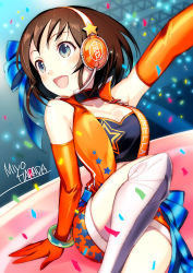 Rule 34 | 10s, 1girl, akiyoshi haru, aqua eyes, bow, bracelet, breasts, brown hair, character name, choker, confetti, gloves, hair bow, harada miyo, headset, idolmaster, idolmaster cinderella girls, jewelry, looking at another, open mouth, outstretched arm, short hair, sitting, sleeveless, smile, solo, stage, star (symbol), star print, thighhighs, white thighhighs