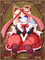 Rule 34 | 1girl, ai takurou, black ribbon, black skirt, blonde hair, blue eyes, bow, brown footwear, child, collar, dress, english text, female focus, flower, full body, hair between eyes, hair ribbon, lily of the valley, medicine melancholy, own hands together, puffy short sleeves, puffy sleeves, red bow, red ribbon, red skirt, ribbon, ribbon-trimmed skirt, ribbon trim, sash, shirt bow, shoes, short hair, short sleeves, sitting, skirt, skirt set, solo, touhou, wall of text, white bow, white collar