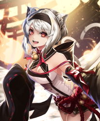 Rule 34 | 1girl, animal ears, bad id, bad pixiv id, bare shoulders, bell, blush, breasts, cat ears, cat tail, cleavage, hairband, large breasts, leaning forward, looking at viewer, ming (torga), open mouth, original, red eyes, short hair, silver hair, smile, solo, tail