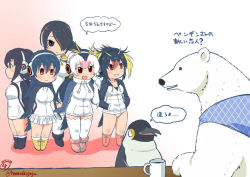 Rule 34 | 10s, 5girls, animal ears, bear, bird, black hair, blush, breasts, brown eyes, buntaichou, commentary request, crossover, emperor penguin (kemono friends), gentoo penguin (kemono friends), hair between eyes, hair over one eye, hands in pockets, headphones, hood, hoodie, humboldt penguin (kemono friends), jacket, kemono friends, large breasts, leotard, long hair, medium breasts, multicolored hair, multiple girls, open mouth, penguin, penguin (shirokuma cafe), penguins performance project (kemono friends), pleated skirt, polar bear, red eyes, rockhopper penguin (kemono friends), royal penguin (kemono friends), shirokuma (shirokuma cafe), shirokuma cafe, short hair, skirt, smile, speech bubble, sweatdrop, thighhighs, trait connection, translated, twintails, twitter username, white hair, white legwear, white leotard, white skirt