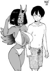 Rule 34 | 1boy, 1girl, absurdres, arm behind head, breasts, character request, cleavage, collarbone, commentary, commission, echo: my daily life!, english commentary, glasses, greyscale, hair behind ear, halterneck, hetero, highres, holding hands, horns, large breasts, long pointy ears, looking at another, male swimwear, monochrome, norman maggot, original, pointy ears, short hair, skin-covered horns, smile, swim trunks, topless male, utsukushii tenshi, white background, wings