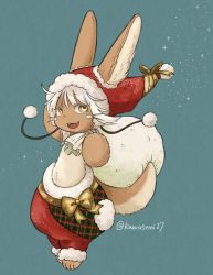 Rule 34 | 1other, bad id, bad twitter id, blue background, brown eyes, full body, furry, hat, highres, kawasemi27, made in abyss, nanachi (made in abyss), open mouth, red hat, santa costume, santa hat, simple background, solo, white hair