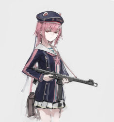 Rule 34 | 1girl, animal ears, braid, closed mouth, girls&#039; frontline, gloves, grey background, grey skirt, gun, hair ornament, hairclip, hat, highres, holding, holding gun, holding weapon, jacket, long hair, long sleeves, looking at viewer, pink hair, pps-43, pps-43 (girls&#039; frontline), rampart1028, red eyes, red star, sailor, shirt, sidelocks, simple background, skirt, solo, standing, star (symbol), striped clothes, striped shirt, submachine gun, telnyashka, uniform, weapon, white gloves