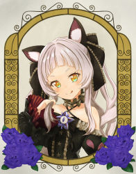 Rule 34 | 1girl, :q, animal ear fluff, animal ears, black dress, black sleeves, blunt bangs, bow, brooch, cat ears, center frills, choker, criss-cross halter, detached sleeves, dress, dress bow, framed, frilled choker, frilled dress, frilled ribbon, frills, gothic lolita, hair ribbon, twirling hair, halter dress, halterneck, highres, hololive, jewelry, juliet sleeves, lolita fashion, long hair, long sleeves, looking at viewer, murasaki shion, murasaki shion (gothic lolita), nouto, pinstripe dress, pinstripe pattern, portrait, puffy sleeves, ribbon, short eyebrows, sidelocks, silver hair, sleeveless, sleeveless dress, smile, solo, star (symbol), striped, tail, tail bow, tail ornament, tongue, tongue out, twintails, virtual youtuber, wide sleeves, yellow eyes