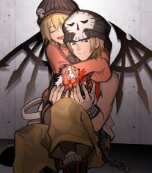 Rule 34 | 1boy, 1girl, against wall, animal, beanie, bitou daisukenojou, bitou raimu, black wings, blonde hair, blue eyes, bracelet, brother and sister, cargo pants, chain, closed eyes, closed mouth, cupping hands, eyebrows, hat, highres, holding, holding animal, hug, hug from behind, jewelry, keiseki1, knees up, long sleeves, open mouth, orange shirt, own hands together, pants, shirt, siblings, sitting, skull print, smile, spiked wings, squirrel, subarashiki kono sekai, wall, white shirt, wings