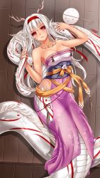 Rule 34 | 1girl, breasts, chinese clothes, cleavage, collarbone, dragon, dragon girl, eastern dragon, fins, floral print, from above, hairband, hanfu, head fins, highres, horns, long hair, looking at viewer, lying, magatama, medium breasts, midnight (banyex), monster girl, monster girl encyclopedia, obi, on back, on floor, parted lips, red eyes, ryuu (monster girl encyclopedia), sash, scales, smile, solo, tattoo, white hair, wide sleeves, wooden floor