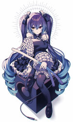 Rule 34 | 1girl, amagi hana, anti the infinite holic (vocaloid), black dress, black pantyhose, blue hair, commentary request, crossed arms, dress, drill hair, food, frilled dress, frilled sleeves, frills, full body, gradient hair, hatsune miku, heterochromia, highres, holding, holding food, infinity (module), long sleeves, looking at viewer, multicolored hair, pantyhose, project diva, project diva (series), purple hair, red eyes, shadow, simple background, sitting, solo, speaker, spring onion, twintails, vocaloid, white background, wide sleeves, yellow eyes