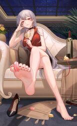 Rule 34 | 1girl, alcohol, animated, barefoot, between toes, bottle, crazy ones, crossed legs, cup, drinking glass, feet, food, grey hair, highres, long hair, looking at viewer, macaron, nail polish, parted lips, red eyes, shoes, sitting, soles, sweets, toenail polish, toenails, toes, unworn shoes, video, wine, wine bottle, wine glass