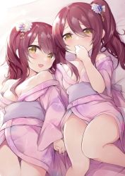 Rule 34 | 2girls, :d, bare shoulders, bed sheet, blush, breasts, brown eyes, brown hair, commentary request, feet out of frame, floral print, flower, hair between eyes, hair flower, hair ornament, hand up, holding hands, ichijou (kr neru0), idolmaster, idolmaster shiny colors, interlocked fingers, japanese clothes, kimono, long hair, lying, medium breasts, multiple girls, obi, off shoulder, on back, open mouth, osaki amana, osaki tenka, panties, pink kimono, print kimono, sash, siblings, side ponytail, sisters, smile, twins, underwear, white flower, white panties