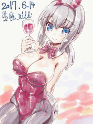 Rule 34 | 10s, 1girl, 2017, alternate breast size, animal ears, bare shoulders, blue eyes, bow, bowtie, breasts, cleavage, cowboy shot, cup, dated, detached collar, drinking glass, fake animal ears, fubuki (kancolle), grey hair, kantai collection, large breasts, leotard, looking at viewer, low ponytail, miuku (marine sapphire), pantyhose, playboy bunny, ponytail, rabbit ears, red bow, red bowtie, red leotard, short ponytail, sidelocks, signature, simple background, smile, solo, strapless, strapless leotard, tray, twitter username, white background, wine glass, wrist cuffs