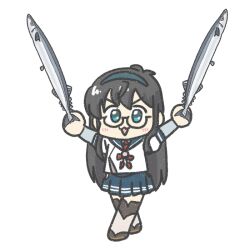 Rule 34 | :3, black hair, blue eyes, blue sailor collar, blue skirt, cropped legs, ferret-san, fish, full body, kantai collection, layered sleeves, long hair, long sleeves, ooyodo (kancolle), parody, pleated skirt, pose imitation, sailor collar, saury, semi-rimless eyewear, short over long sleeves, short sleeves, skirt, standing, this is it, under-rim eyewear