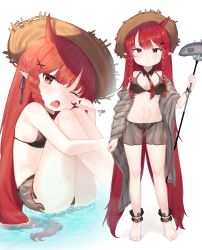 Rule 34 | 1girl, ;o, absurdres, ankle cuffs, arknights, bad id, bad pixiv id, bikini, bikini skirt, black bikini, blush, breasts, character name, detached sleeves, fang, fish, full body, hat, highres, horns, hugging own legs, long hair, looking at viewer, multiple views, navel, necktie, official alternate costume, one eye closed, polearm, red eyes, red hair, red neckwear, see-through, side-tie bikini bottom, simple background, sitting, small breasts, standing, starfish hair ornament, straw hat, swimsuit, trident, useq1067, vigna (arknights), vigna (casual vacation) (arknights), weapon, white background