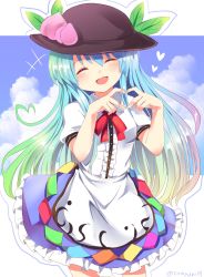 Rule 34 | 1girl, apron, black hat, blue hair, blue skirt, blush, bow, buttons, center frills, closed eyes, collared shirt, food, frills, fruit, gradient hair, hat, heart, highres, hinanawi tenshi, leaf, long hair, multicolored hair, neck ribbon, open mouth, peach, puffy short sleeves, puffy sleeves, rainbow hair, rainbow order, ramudia (lamyun), red bow, ribbon, shirt, short sleeves, sidelocks, skirt, sky, smile, solo, touhou, white background, white shirt