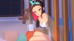Rule 34 | 1girl, :o, azki (hololive), bangs pinned back, bare shoulders, black hair, breasts, brown cardigan, cardigan, cleavage, colored inner hair, couch, cup, dress, head scarf, highres, hololive, indoors, loeldrive, looking at viewer, medium breasts, medium hair, mug, multicolored hair, pillow, pink hair, purple eyes, short dress, sitting, solo, steam, stuffed animal, stuffed toy, teddy bear, virtual youtuber, white dress