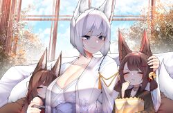 Rule 34 | 3girls, absurdres, akagi-chan (azur lane), amagi-chan (azur lane), animal ears, azur lane, bare shoulders, bell, black kimono, blue eyes, blush, breasts, brown hair, cleavage, closed eyes, commentary, cuddling, eating, english commentary, eyeshadow, facing viewer, floral print, flower, food, fox ears, fox girl, fox tail, hair bell, hair flower, hair ornament, hand up, headpat, highres, hug, indoors, japanese clothes, kaga (azur lane), kimono, kitsune, large breasts, long hair, looking at another, makeup, medium hair, multiple girls, multiple tails, off shoulder, popcorn, red eyeshadow, red kimono, samip, short hair, sleeping, slit pupils, smile, tail, upper body, white flower, white hair, white kimono