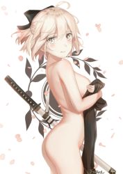 Rule 34 | 1girl, ahoge, arched back, black bow, blush, bow, breasts, cherry blossoms, closed mouth, cowboy shot, fate (series), frown (wonderland85711), hair bow, koha-ace, looking at viewer, medium breasts, medium hair, nude, okita souji (fate), okita souji (koha-ace), sheath, sheathed, sideboob, solo, standing, sword, weapon, white eyes, white hair