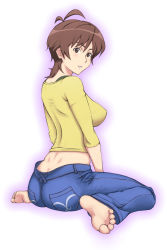 Rule 34 | 00s, 1girl, amaha masane, antenna hair, ass, barefoot, breasts, brown hair, butt crack, denim, dimples of venus, feet, female focus, jeans, kazunari, large breasts, looking back, pants, sideboob, sitting, soles, solo, toes, wariza, witchblade