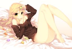 Rule 34 | 1girl, 7zu7, :p, bare legs, bare shoulders, barefoot, blonde hair, bottomless, food, green eyes, hoshii miki, idolmaster, idolmaster (classic), legs, legs up, long hair, looking at viewer, lying, macaron, naked sweater, no panties, on back, smile, solo, sweater, tongue, tongue out