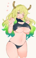 Rule 34 | 10s, 1girl, ;d, bare arms, bare shoulders, bikini, black bikini, blonde hair, blush, breasts, cleavage, cowboy shot, double w, dragon girl, dragon horns, fang, gradient hair, green eyes, green hair, groin, half-closed eyes, hands up, heart, highres, horns, kobayashi-san chi no maidragon, large breasts, long hair, looking at viewer, lucoa (maidragon), miyako (xxxbibit), multicolored hair, navel, one eye closed, open mouth, sidelocks, simple background, smile, solo, standing, swimsuit, turtleneck, underboob, w