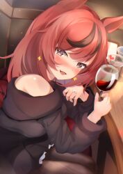 Rule 34 | 1girl, absurdres, aged up, akiba monaka, alcohol, animal ears, bare shoulders, black pantyhose, black sweater, blush, cup, drinking glass, drunk, grey eyes, heart, highres, horse ears, horse girl, jewelry, looking at viewer, multicolored hair, nice nature (umamusume), open mouth, pantyhose, red hair, ring, smile, solo, streaked hair, sweater, umamusume, wedding ring, wine, wine glass