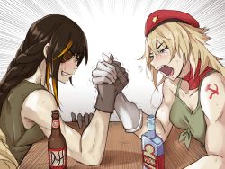 Rule 34 | 2girls, ak-47 (girls&#039; frontline), alcohol, arm wrestling, bare shoulders, beer, beret, black hair, blonde hair, blush, bottle, braid, breasts, brown gloves, clenched teeth, collarbone, duff beer, emphasis lines, eyepatch, girls&#039; frontline, gloves, hammer and sickle, hat, highres, long hair, m16a1 (girls&#039; frontline), multicolored hair, multiple girls, muscular, muscular female, niac, open mouth, scar, scar across eye, scar on face, simple background, sleeveless, speed lines, star (symbol), streaked hair, sweat, table, tank top, tattoo, teeth, the simpsons, veins, vodka, white background, white gloves