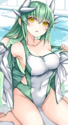 Rule 34 | 1girl, alternate costume, bare shoulders, barefoot, blush, breasts, collarbone, commentary request, competition swimsuit, dragon girl, dragon horns, fate/grand order, fate (series), green hair, hand in own hair, highres, horns, jacket, kiyohime (fate), kneeling, large breasts, long hair, long sleeves, looking at viewer, morizono shiki, off shoulder, one-piece swimsuit, open clothes, open jacket, parted lips, pool, smile, solo, strap pull, swimsuit, thighs, two-tone swimsuit, water, white jacket, yellow eyes