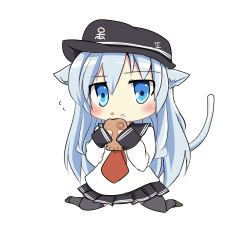 Rule 34 | 10s, 1girl, anchor symbol, animal ears, black thighhighs, blue eyes, blush, cat ears, cat tail, chibi, commentary request, eating, flat cap, food, food on face, hat, hibiki (kancolle), highres, holding, holding food, kantai collection, kemonomimi mode, long hair, looking at viewer, md5 mismatch, neckerchief, pleated skirt, resolution mismatch, school uniform, serafuku, silver hair, sitting, skirt, sleeves past wrists, solo, source smaller, tail, taiyaki, thighhighs, wagashi, wariza, yuu (alsiel)