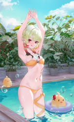 Rule 34 | 1girl, :q, armpits, arms up, azur lane, bad id, bad pixiv id, bare shoulders, between breasts, bikini, bird, blonde hair, blue sky, blunt bangs, blush, breasts, chick, cirilla lin, cleavage, closed mouth, cloud, collarbone, cowboy shot, day, drill hair, food, giuseppe garibaldi (azur lane), gradient hair, groin, highres, in water, innertube, looking at viewer, manjuu (azur lane), medium breasts, multicolored hair, navel, outdoors, plant, pool, popsicle, potted plant, red eyes, red hair, sidelocks, sky, smile, solo focus, standing, stomach, strapless, strapless bikini, swim ring, swimsuit, tattoo, thigh strap, tongue, tongue out, wading, wet, yellow bikini