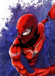 Rule 34 | 1boy, absurdres, bodysuit, city, covered collarbone, gloves, highres, looking to the side, male focus, marvel, mask, official art, onomae yuu, oosawa yuusuke, red bodysuit, red gloves, solo, spider-man, spider-man: itsuwari no aka, spider-man (series), spider web print, superhero costume, upper body