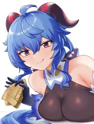 Rule 34 | 1girl, :p, ahoge, bare shoulders, bell, black gloves, blue hair, bodystocking, breast press, breasts, detached sleeves, ganyu (genshin impact), genshin impact, gloves, highres, holding, holding bell, horns, long hair, looking at viewer, medium breasts, mushiboy, neck bell, purple eyes, sidelocks, smile, solo, tongue, tongue out, upper body, white background