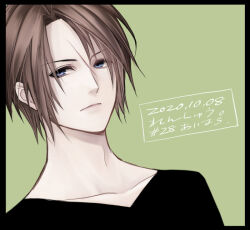 Rule 34 | 1boy, alternate costume, black shirt, blue eyes, brown hair, character request, dated, expressionless, final fantasy, final fantasy viii, green background, hiryuu (kana h), looking to the side, male focus, scar, scar on face, shirt, short hair, signature, simple background, solo, squall leonhart, upper body, v-neck