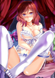 Rule 34 | 10s, 1girl, absurdres, adjusting clothes, adjusting legwear, blush, breasts, cleavage, collarbone, curtains, garter straps, hasaya, highres, lace, lace-trimmed legwear, lace trim, large breasts, legs, lingerie, looking at viewer, love live!, love live! school idol project, navel, nishikino maki, panties, pillow, pleated skirt, purple eyes, red hair, sitting, skirt, skirt around one leg, solo, sweatdrop, thighhighs, thighs, underwear, white panties, white thighhighs