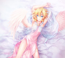 Rule 34 | 1girl, angel, angel wings, armpits, arms up, bare legs, blonde hair, blue eyes, breasts, closed mouth, cowboy shot, dress, from above, gaoyi, highres, kmkm (shimamura), looking at viewer, lying, on back, original, pink dress, pink wings, red lips, see-through, short hair, sleeveless, sleeveless dress, small breasts, solo, star (symbol), thigh strap, wings
